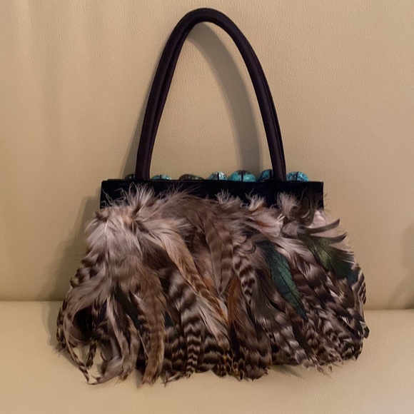 Moo Roo Charleston Purse - Pheasant Feather with Polished Turquoise Stones - Picture 2 of 5